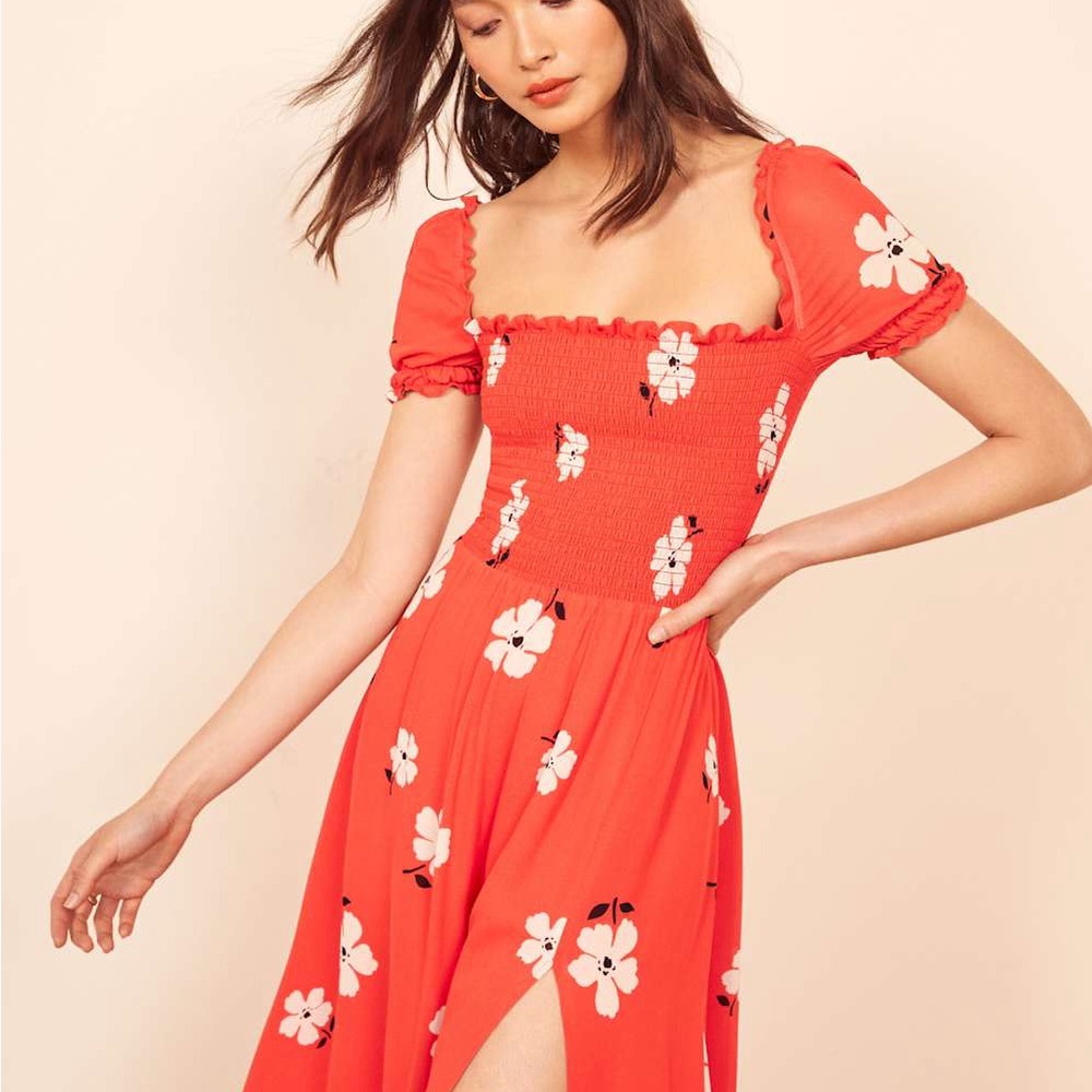 Reformation Red Floral Smocked Midi Dress with Puff Sleeves